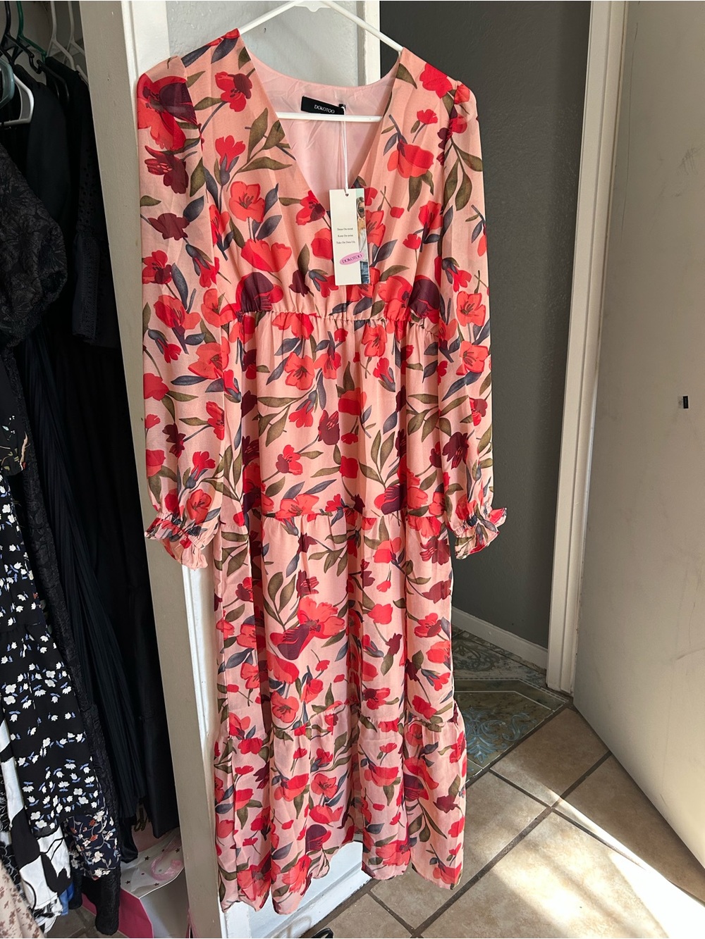 Floral Tiered Maxi Dress in Pink and Red